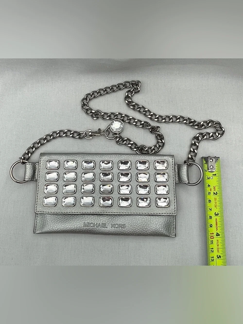 NWO. Michael Kors Silver Crystal-Embellished Chain Crossbody or Belt Wallet.